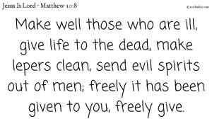 Make well those who are ill, give life to the dead, make lepers clean, send evil spirits out of men; freely it has been given to you, freely give.